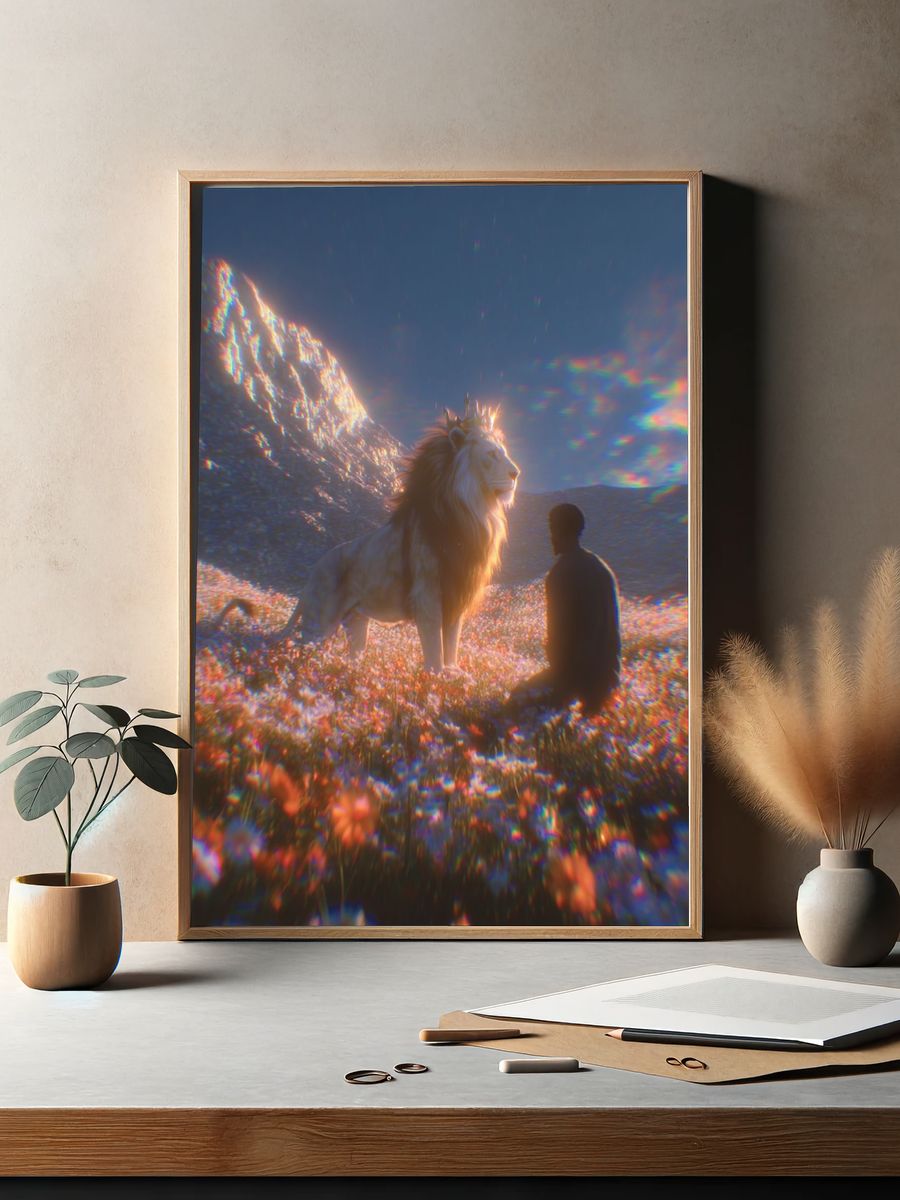 Lion and Seated Figure Surreal Print. — room view 2