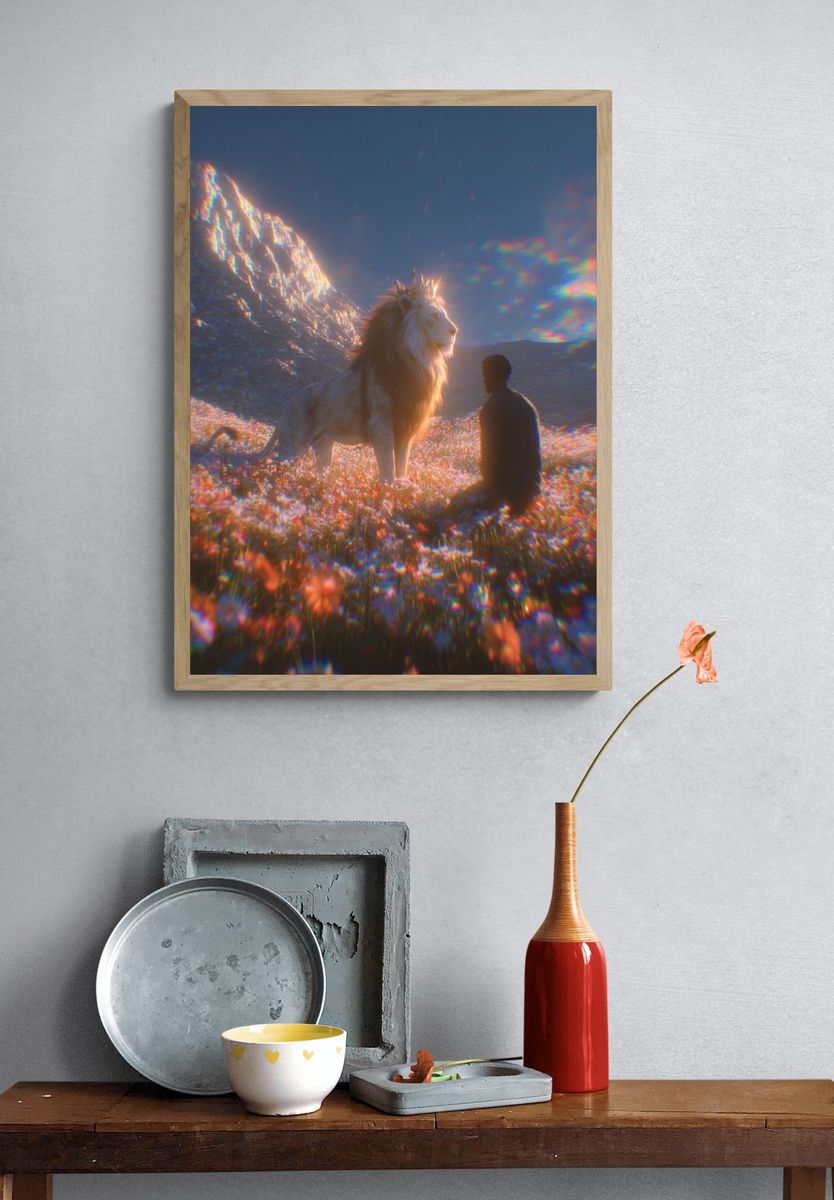 Lion and Seated Figure Surreal Print. — room view 3