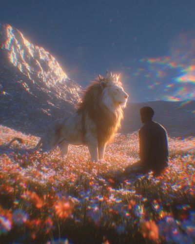 Lion and Seated Figure Surreal Print.