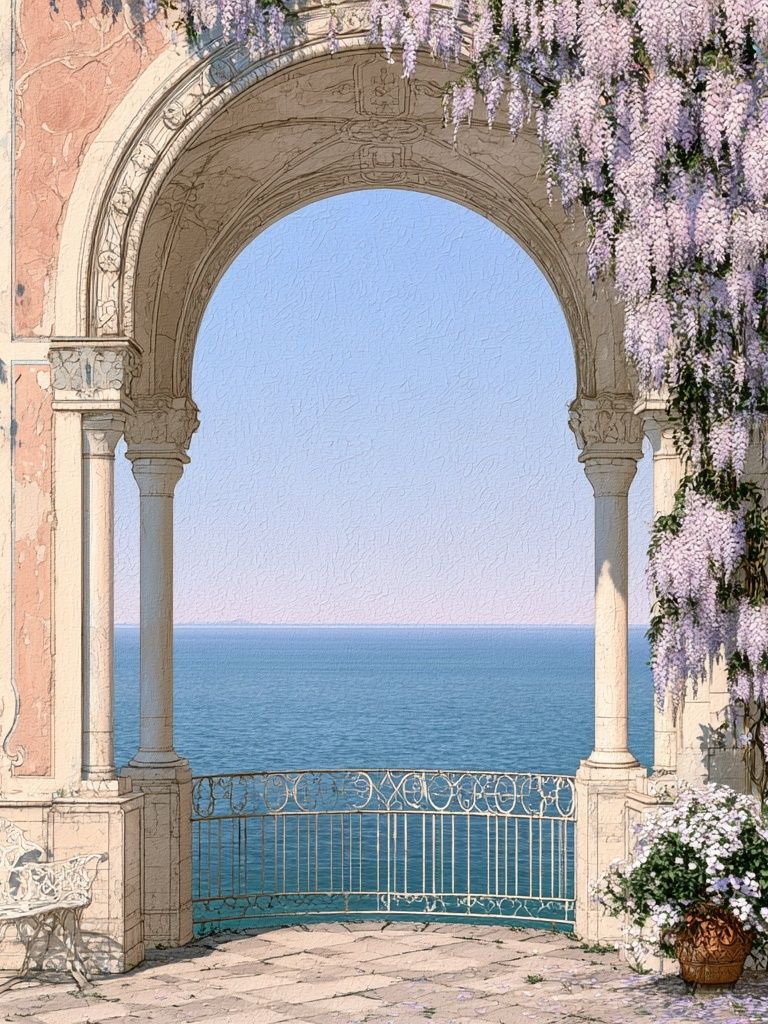 Seaside Arch with Wisteria Print. poster detail