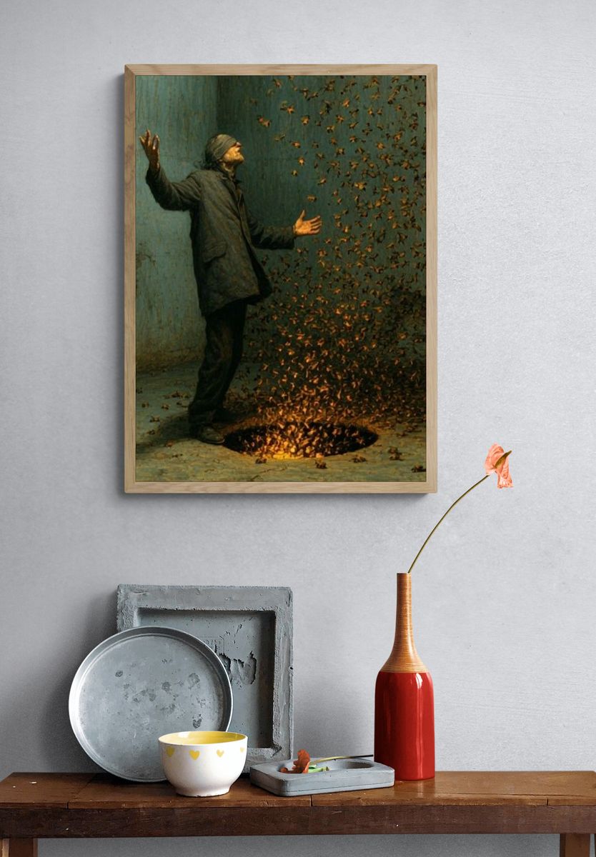 Surreal Man and Swarm Print. — room view 3