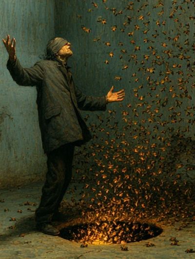 Surreal Man and Swarm Print. poster