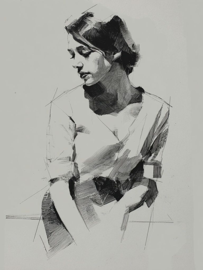 Contemplative Woman Sketch Print. poster detail