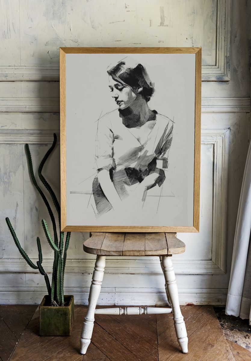 Contemplative Woman Sketch Print. room preview