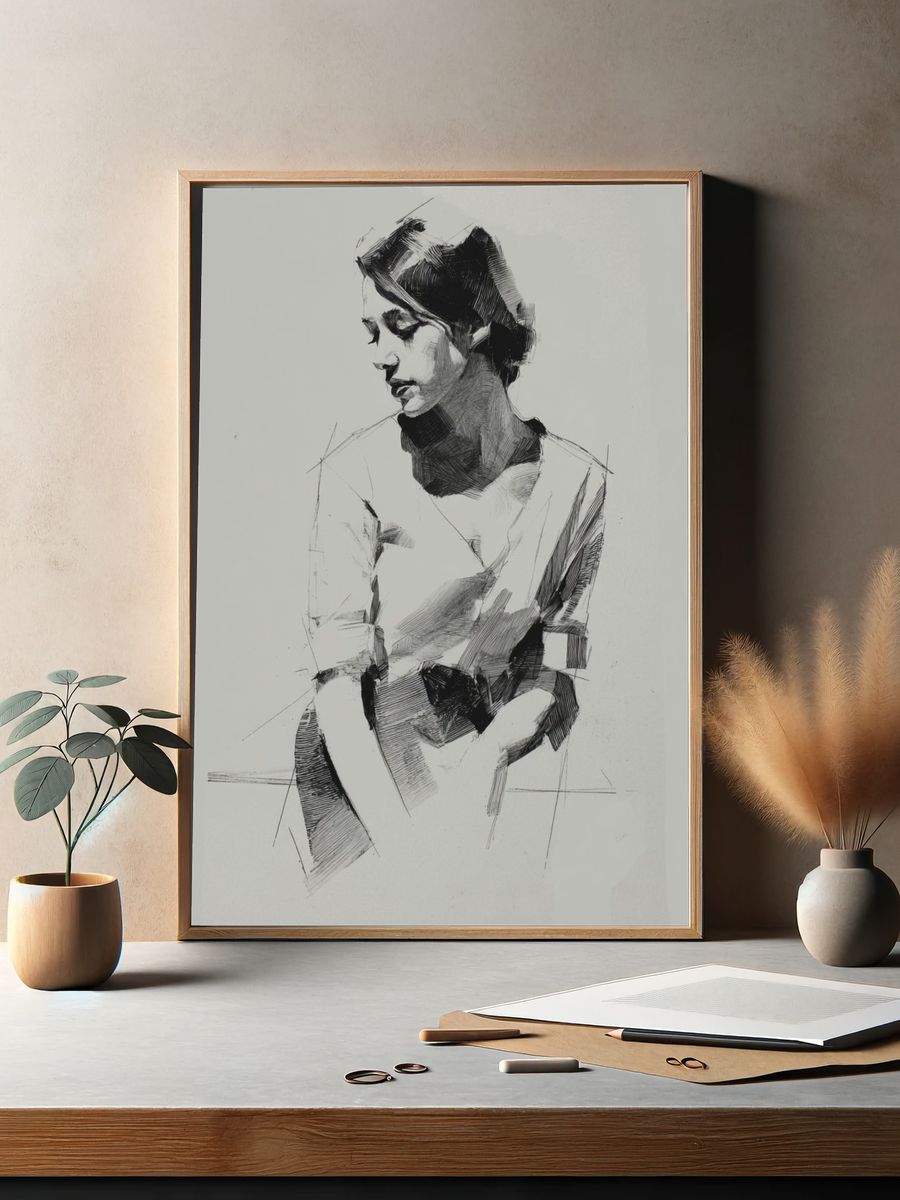 Contemplative Woman Sketch Print. — room view 2