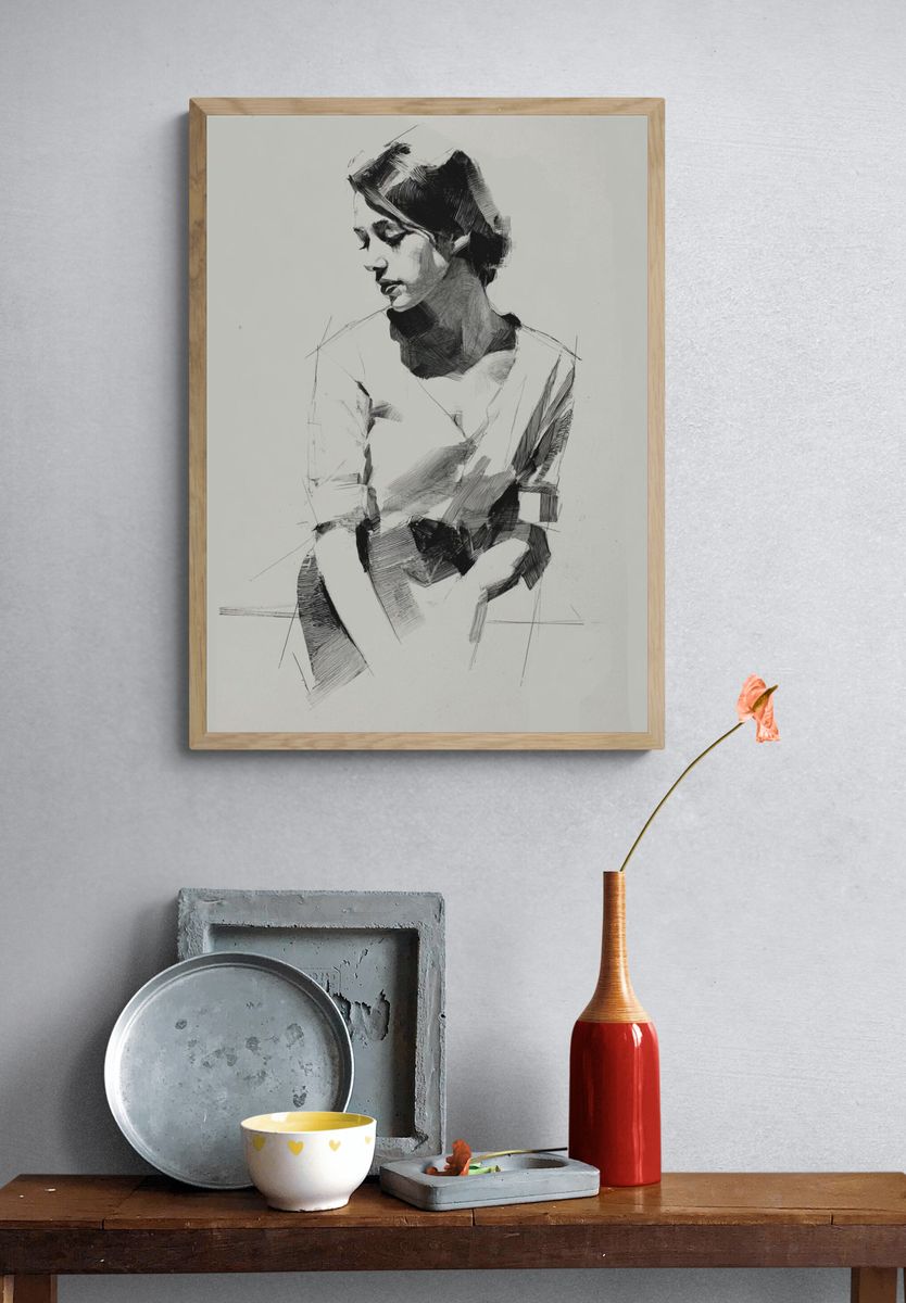 Contemplative Woman Sketch Print. — room view 3