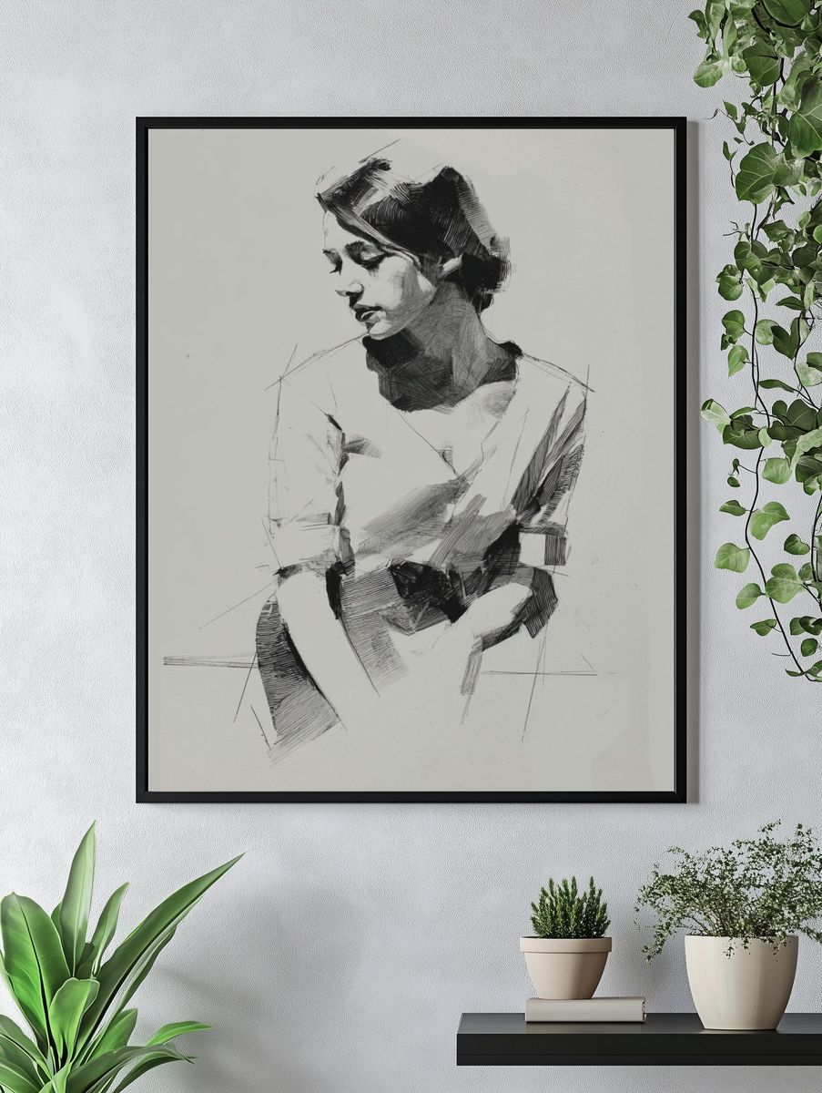 Contemplative Woman Sketch Print. — room view 4
