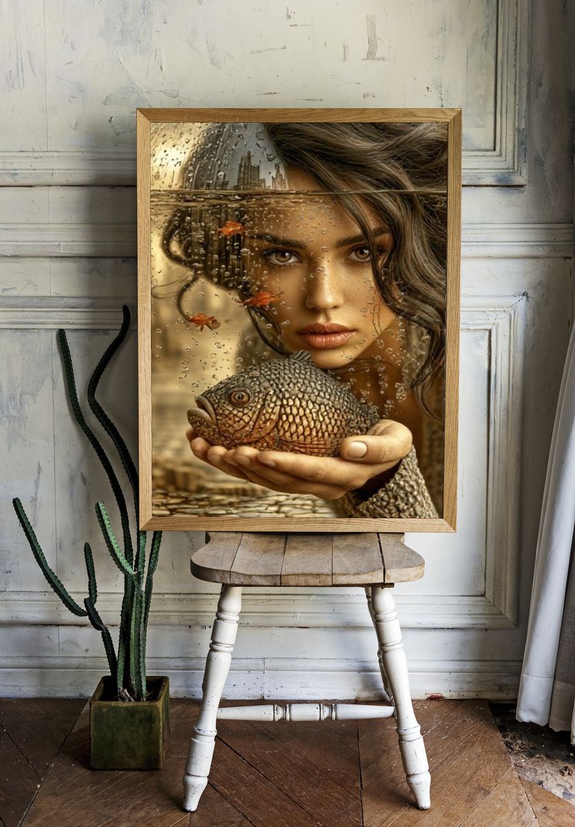 Surreal Woman and Fish Portrait Print. — room view 1