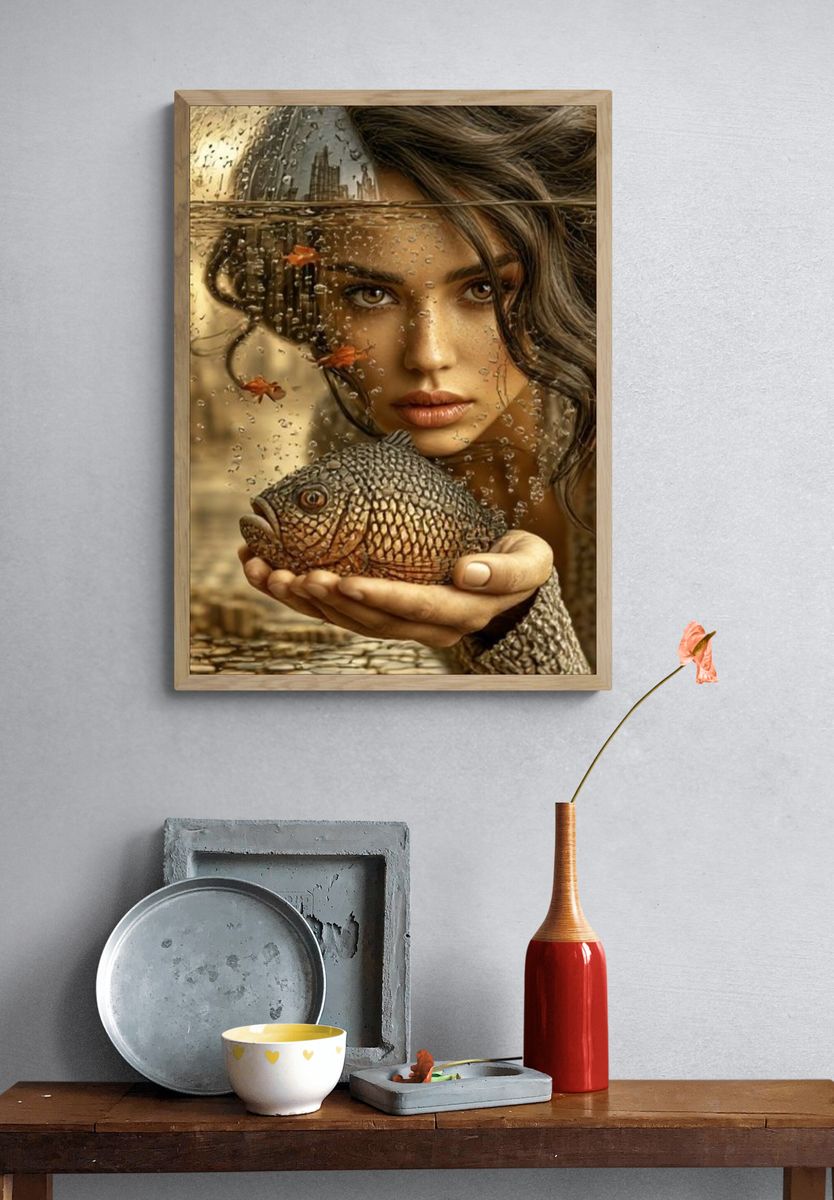 Surreal Woman and Fish Portrait Print. — room view 3