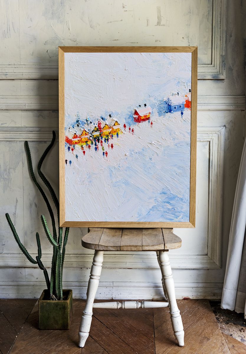 Snowy Village Abstract Print. room preview