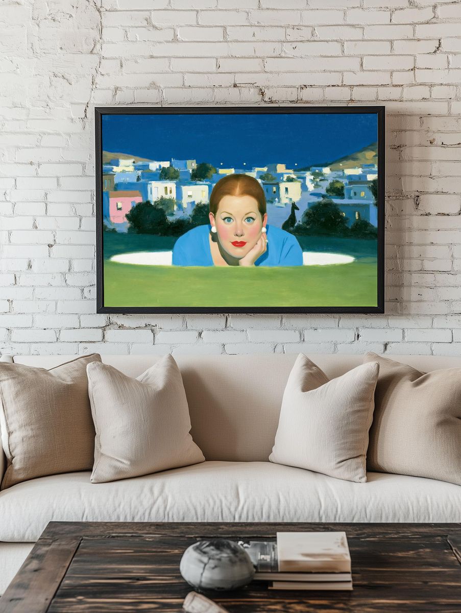 Portrait Over Blue Village Poster. room preview