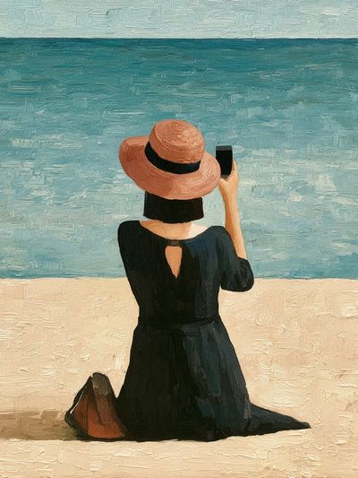 Seaside Woman in Hat Print. poster