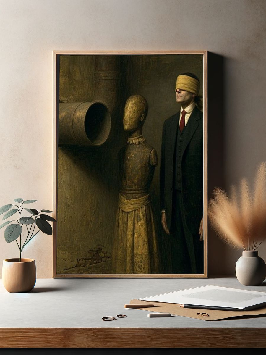 Blindfolded Man Surrealism Print. — room view 2