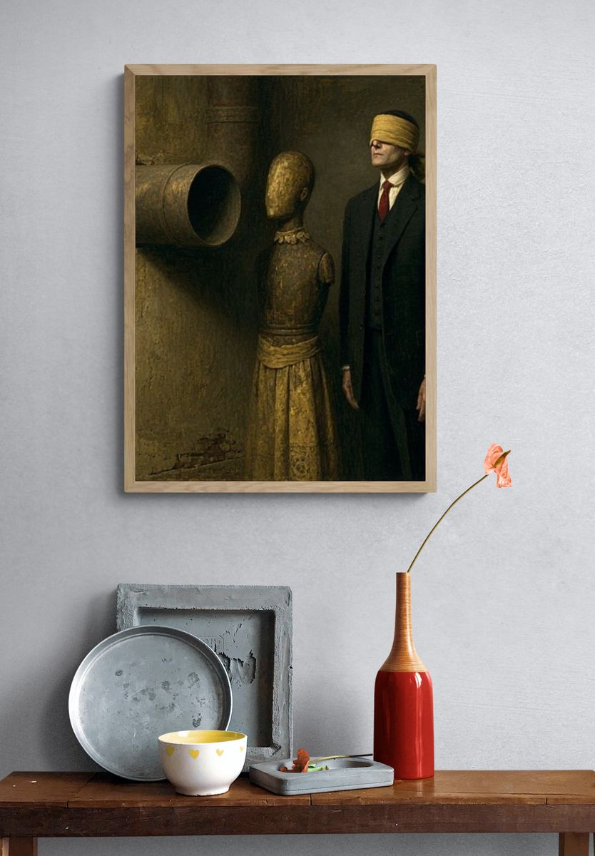 Blindfolded Man Surrealism Print. — room view 3