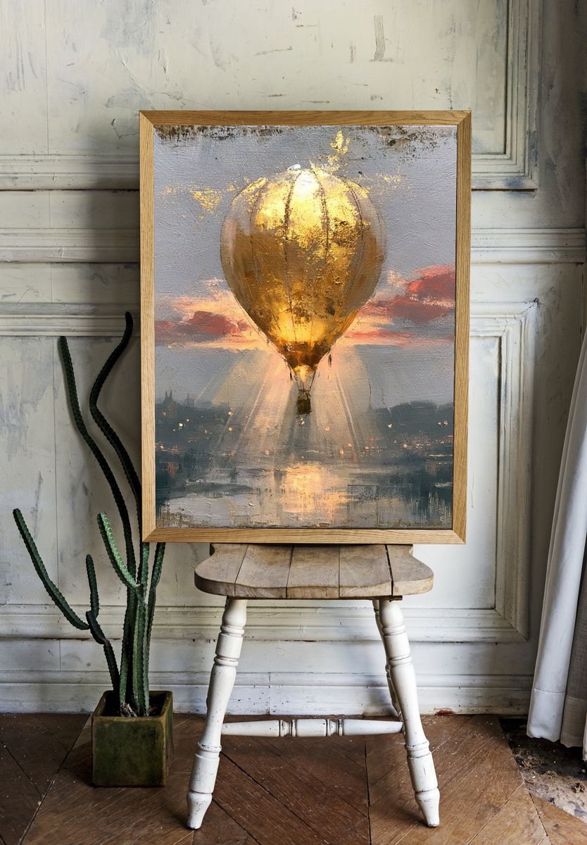 Golden Hot Air Balloon Sunset Print. room preview