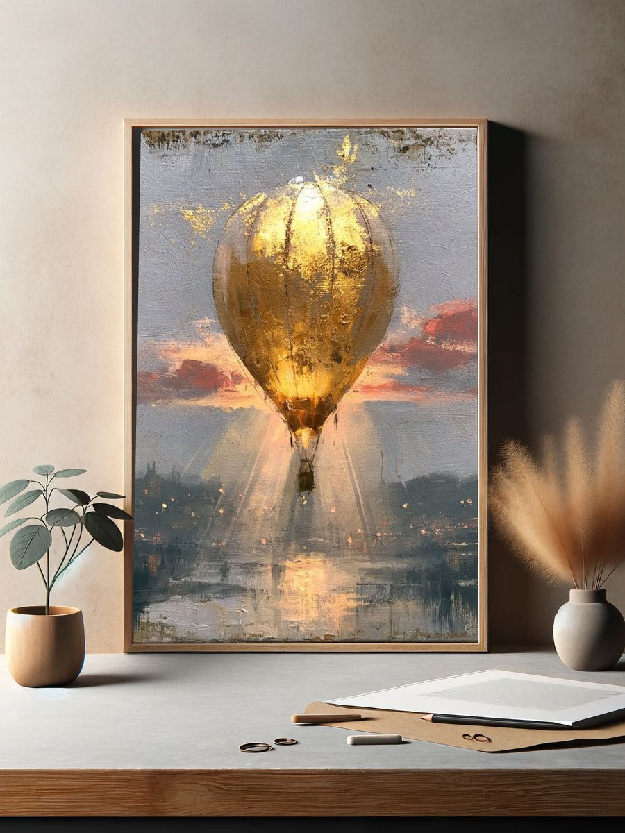 Golden Hot Air Balloon Sunset Print. — room view 2