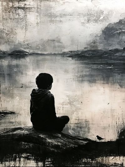 Solitary Figure by the Lake Print.