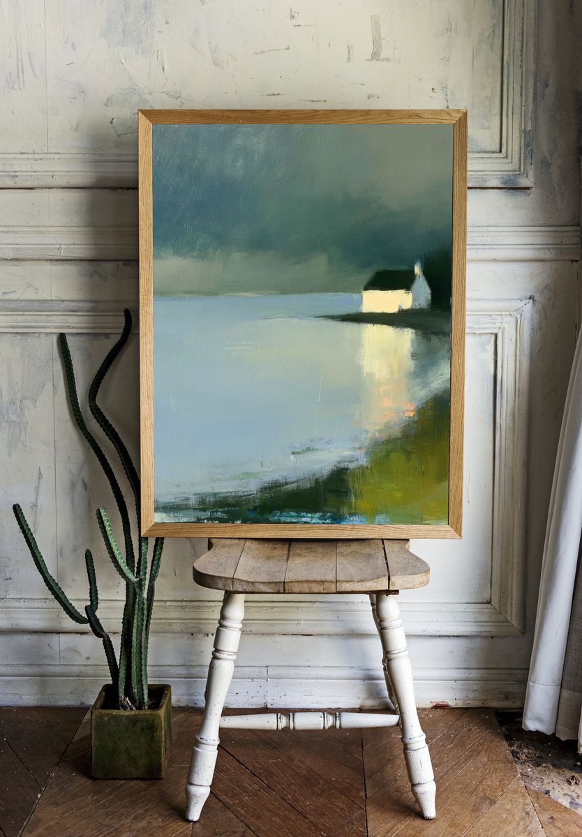 Coastal Cottage Landscape Print. room preview