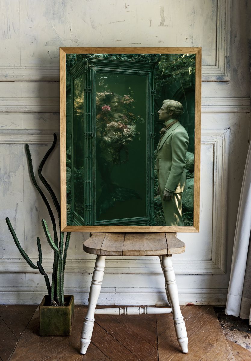 Surreal Green Mirror Portrait Print. room preview