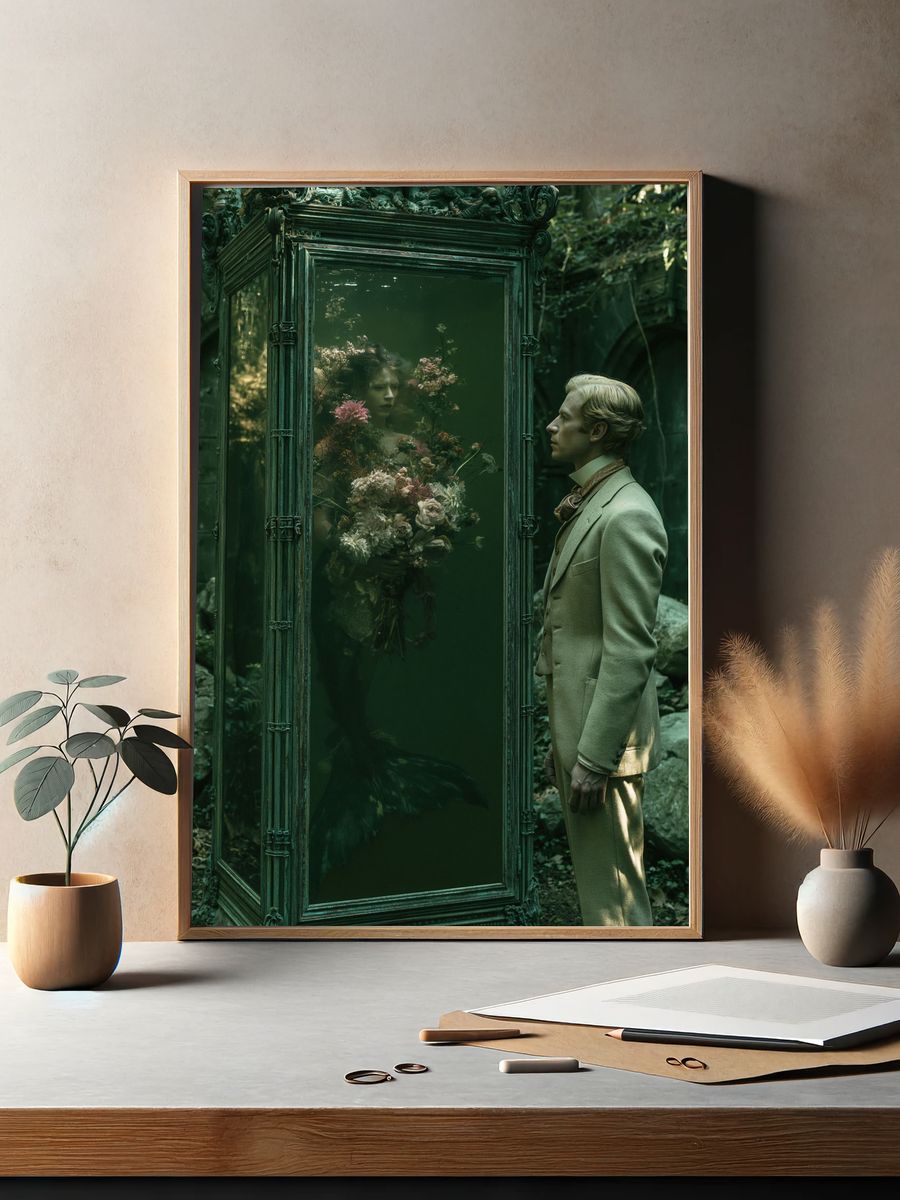 Surreal Green Mirror Portrait Print. — room view 2