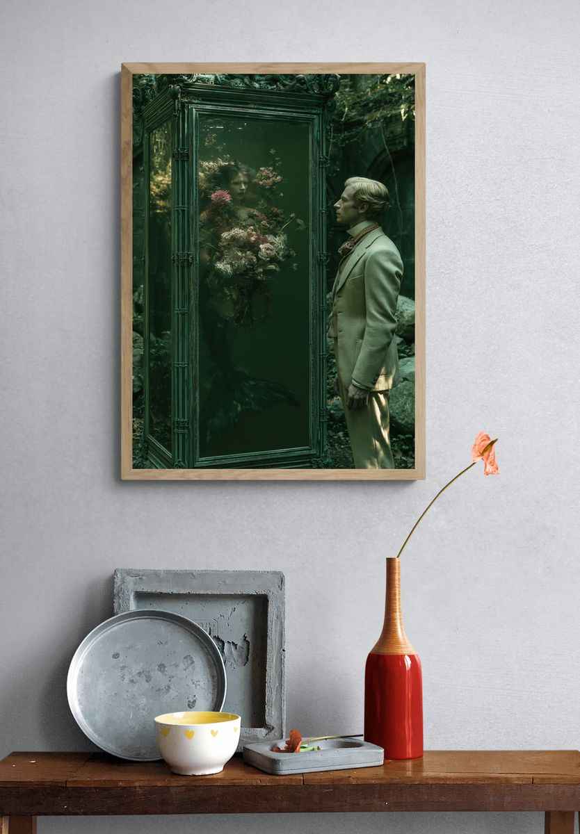 Surreal Green Mirror Portrait Print. — room view 3