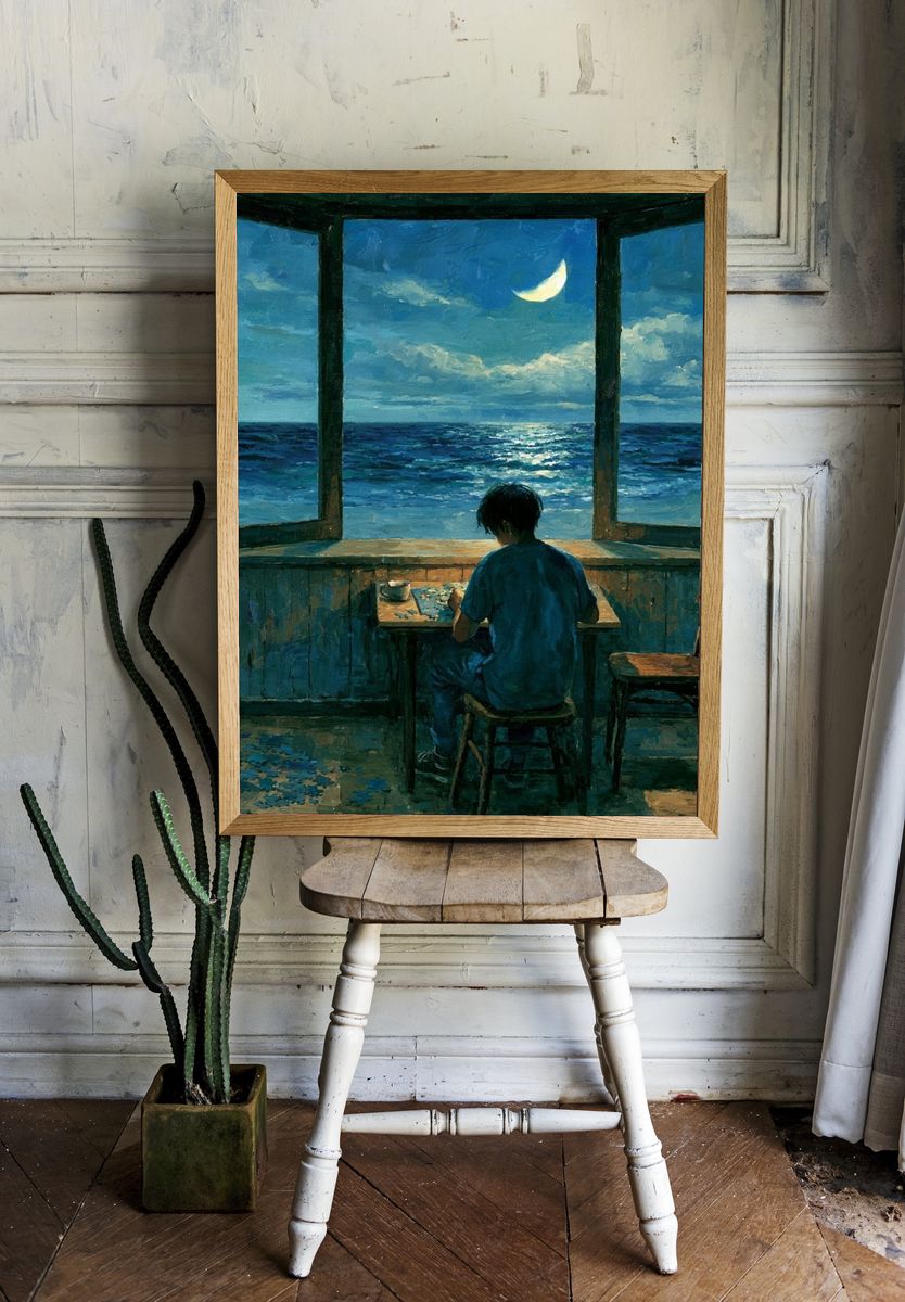 Moonlit Seaside Window — Fine-Art Print. room preview