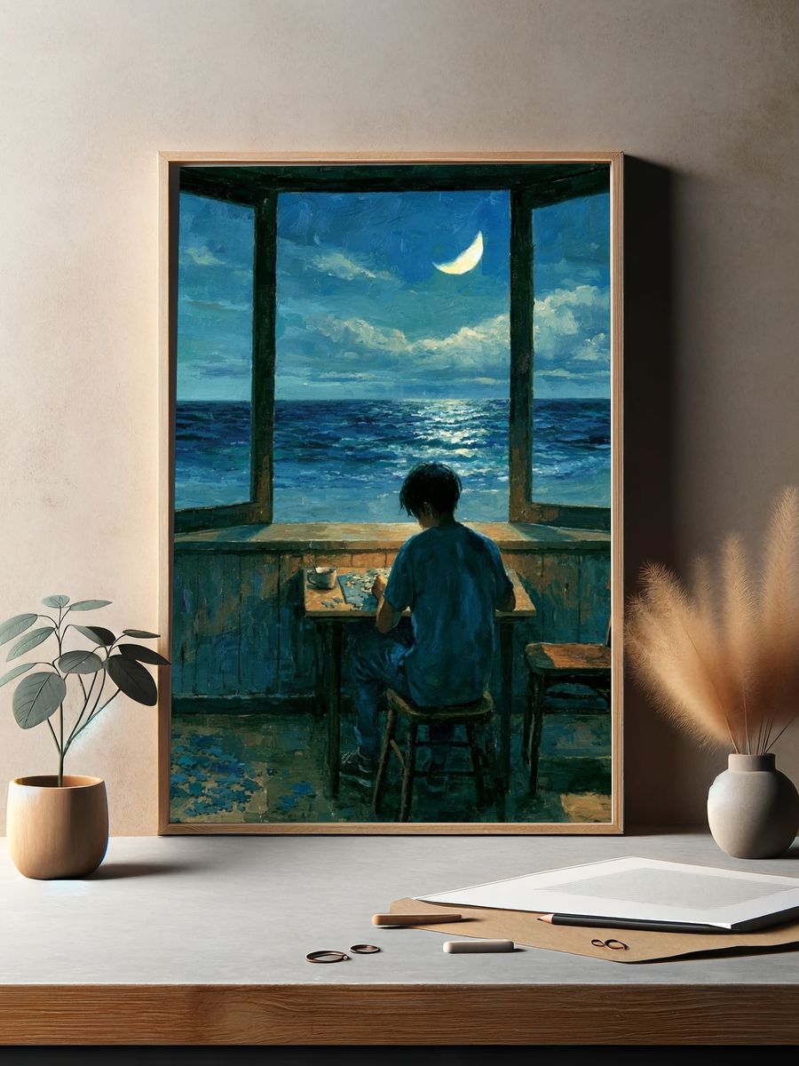 Moonlit Seaside Window — Fine-Art Print. — room view 2