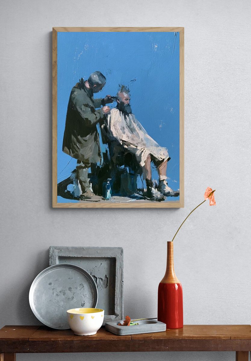 Barber Scene Contemporary Poster. — room view 3