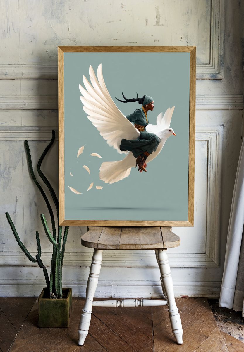 Woman Riding Dove Illustration Poster. — room view 1