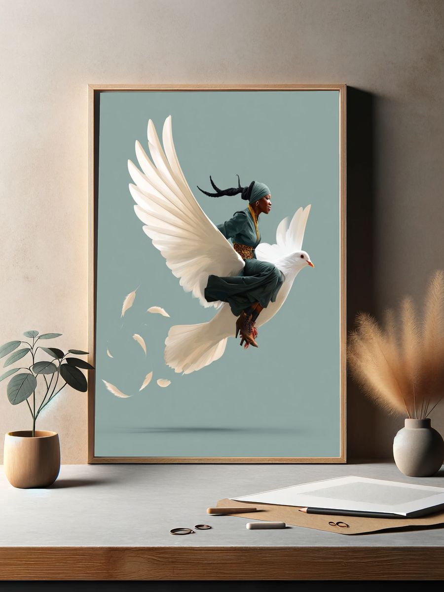 Woman Riding Dove Illustration Poster. — room view 2