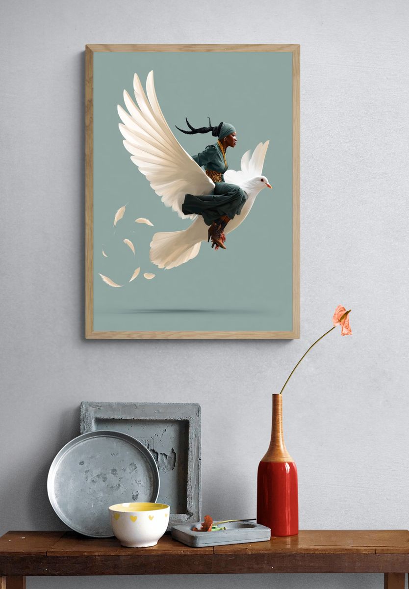 Woman Riding Dove Illustration Poster. — room view 3