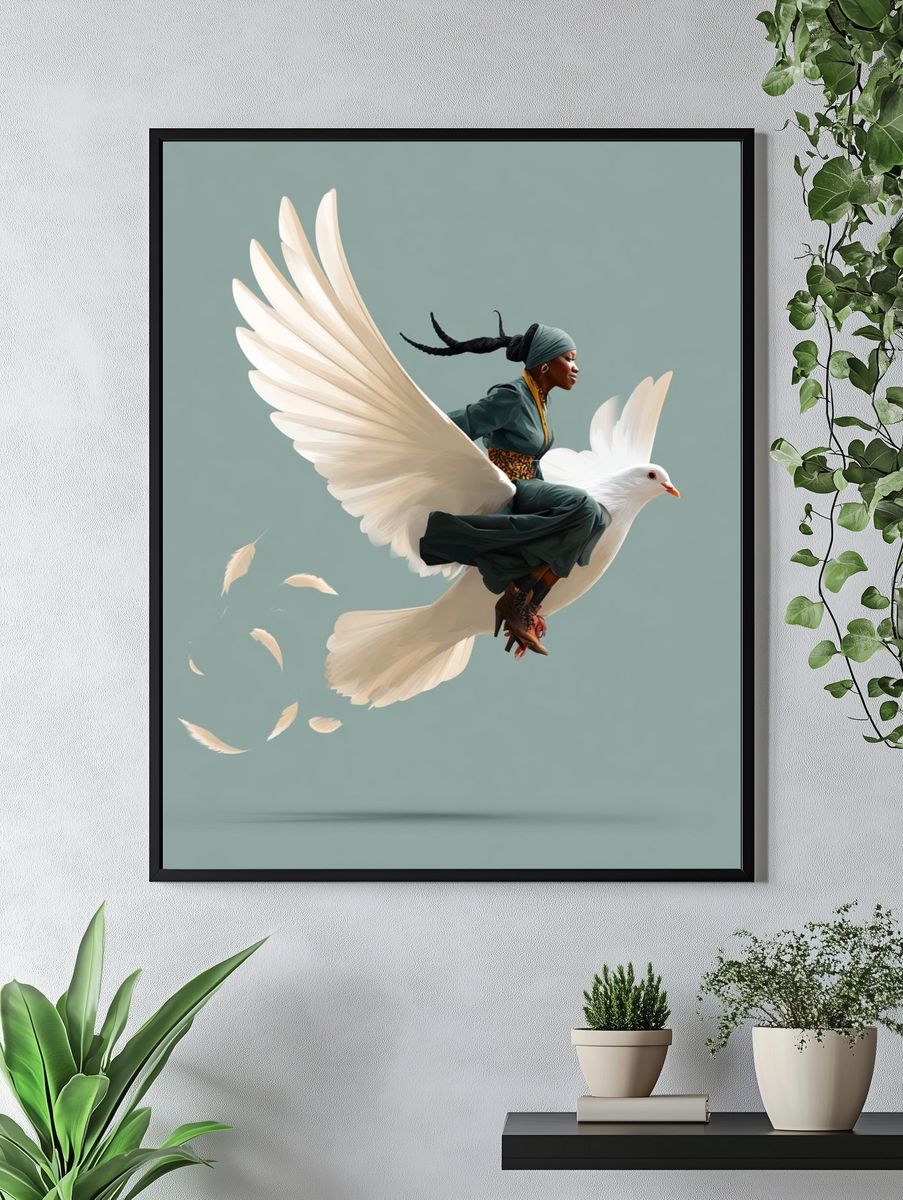 Woman Riding Dove Illustration Poster. — room view 4
