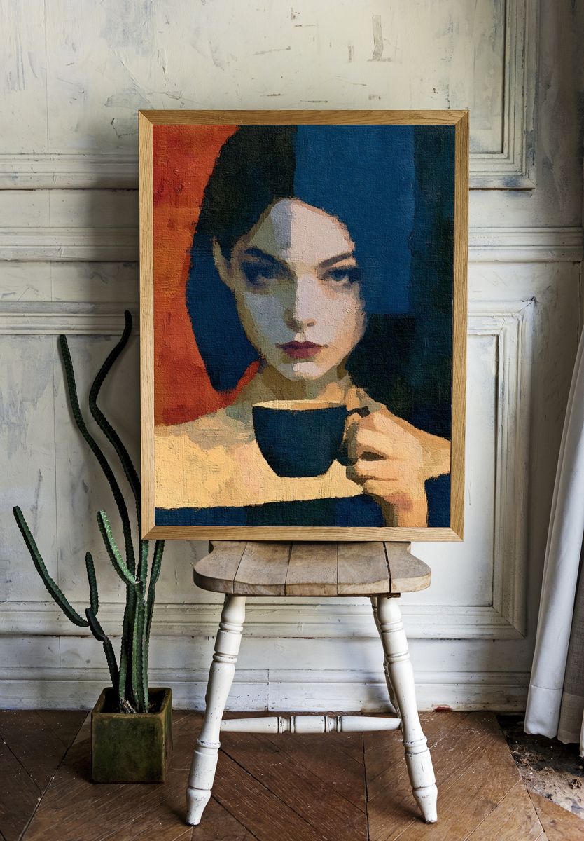 Moody Portrait with Cup Print. room preview