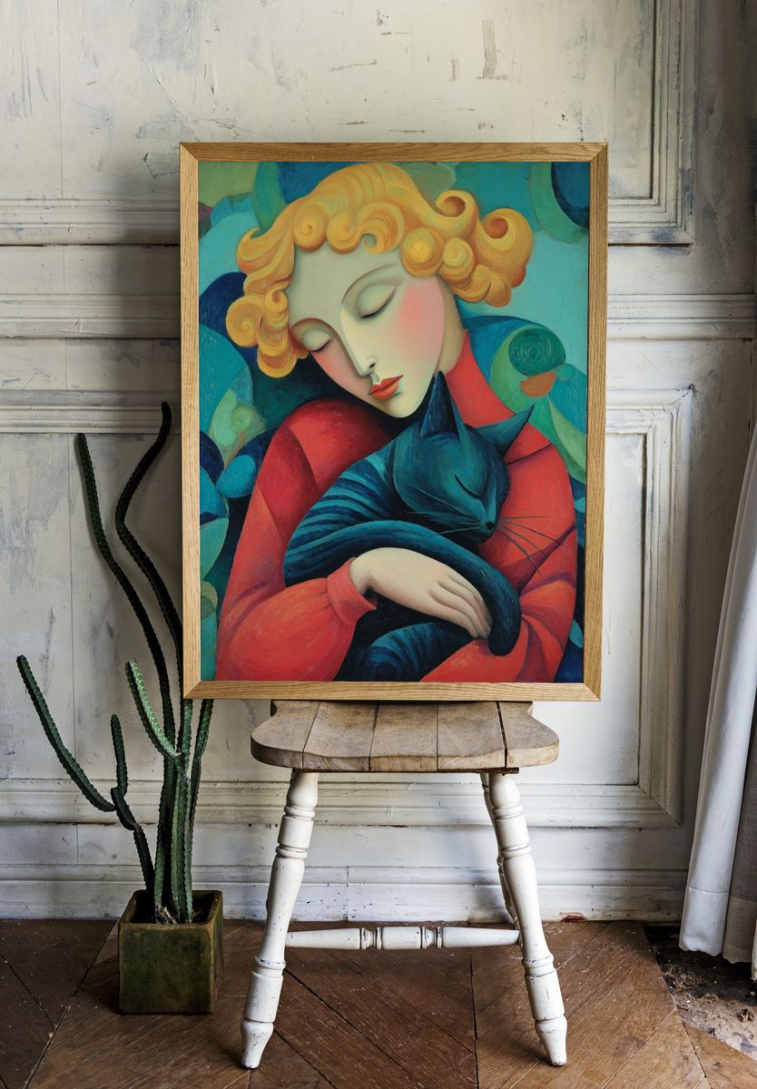 Sleeping Woman with Cat Print. room preview