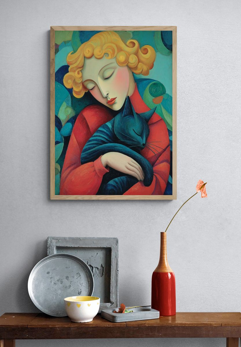 Sleeping Woman with Cat Print. — room view 3