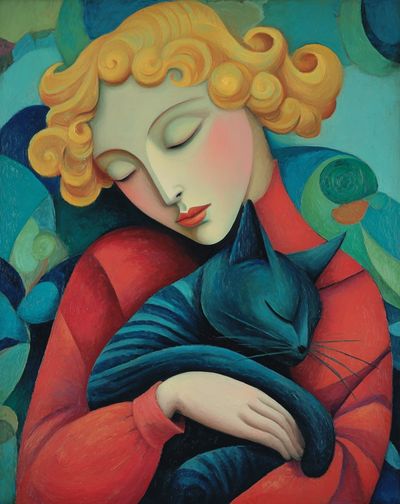 Sleeping Woman with Cat Print.