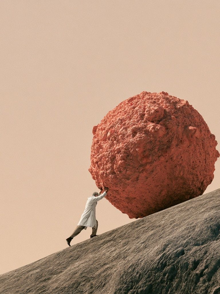 Man Pushing Boulder Surrealism Print. poster — fine-art art