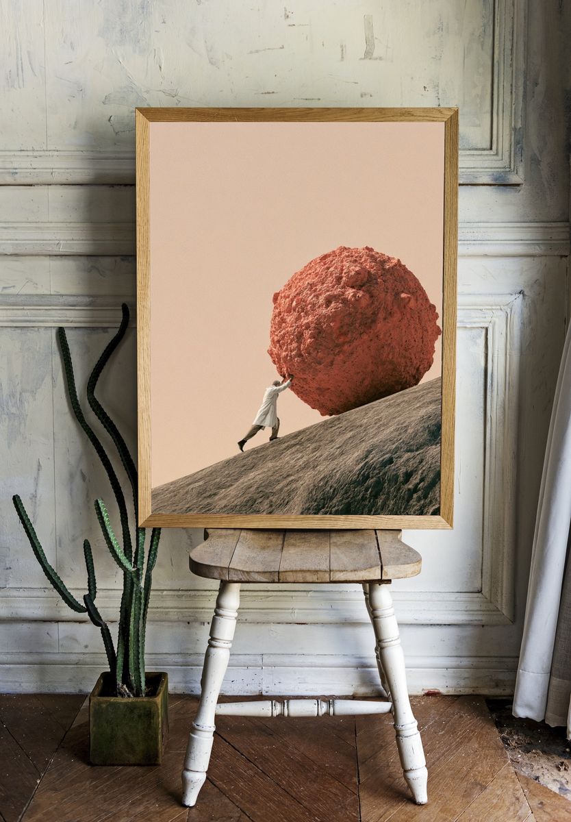 Man Pushing Boulder Surrealism Print. — room view 1