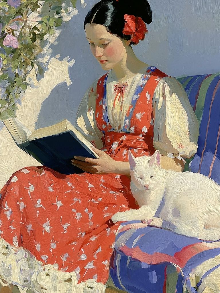 Girl Reading with White Cat Print. poster — fine-art art
