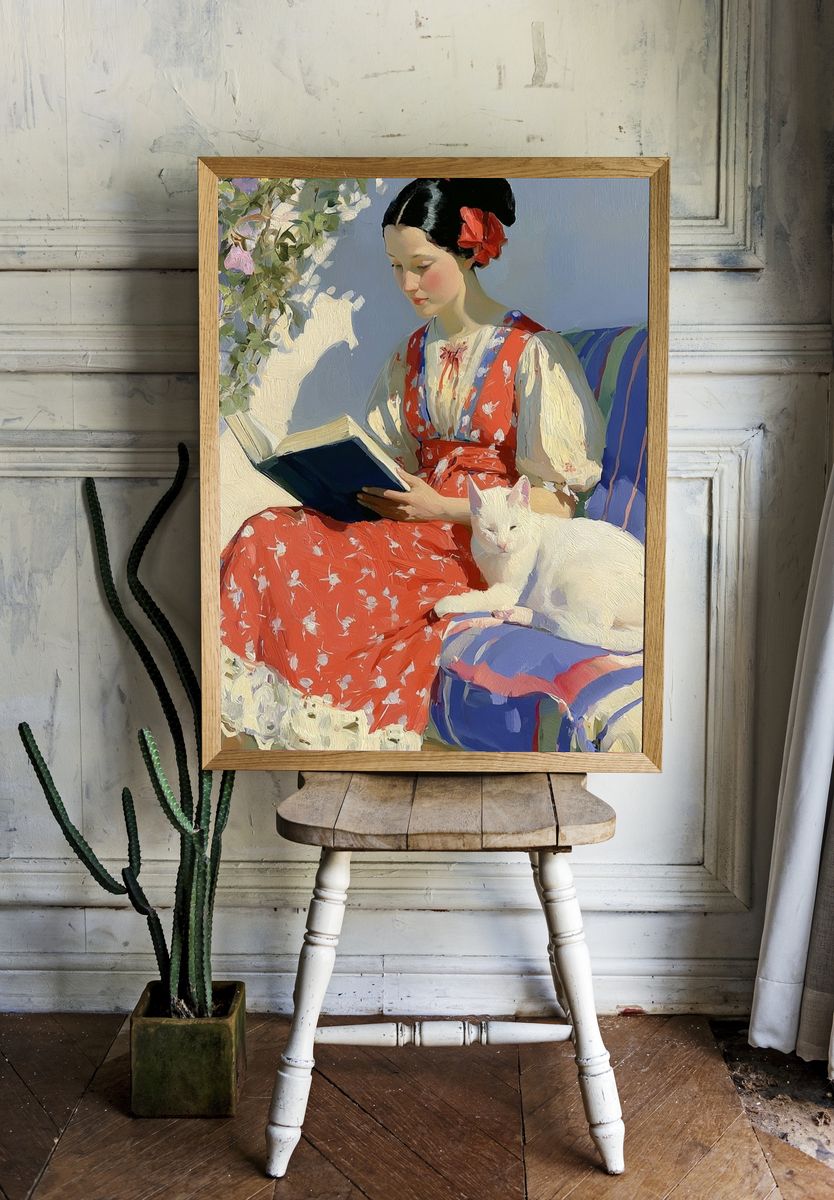 Girl Reading with White Cat Print. — room view 1