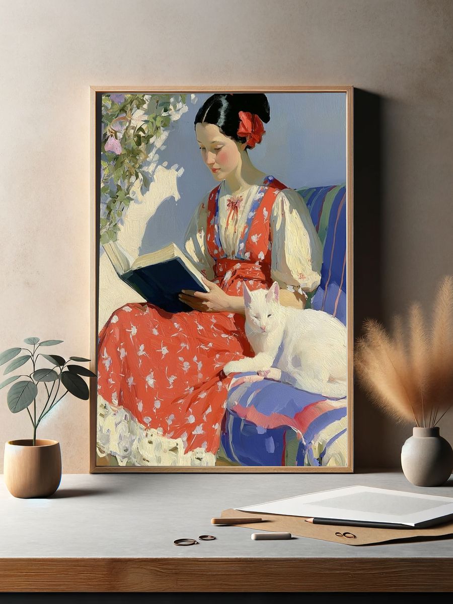 Girl Reading with White Cat Print. — room view 2