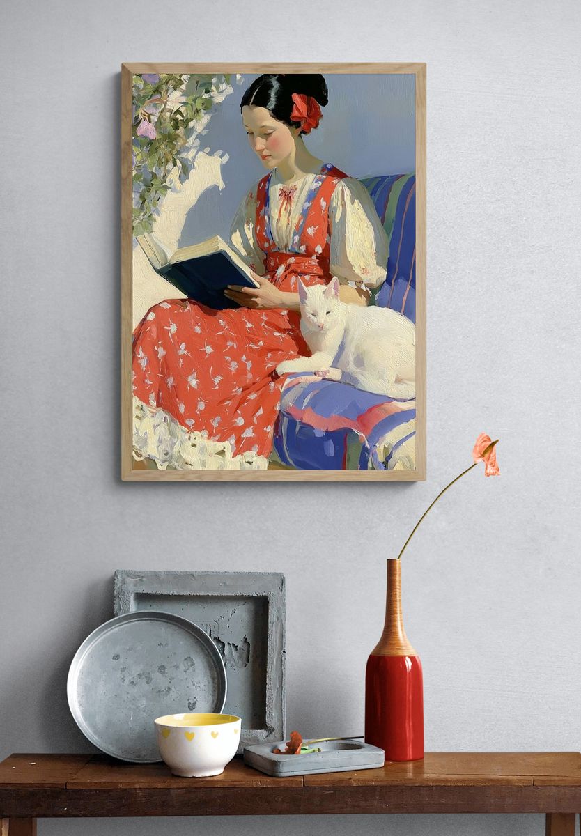 Girl Reading with White Cat Print. — room view 3