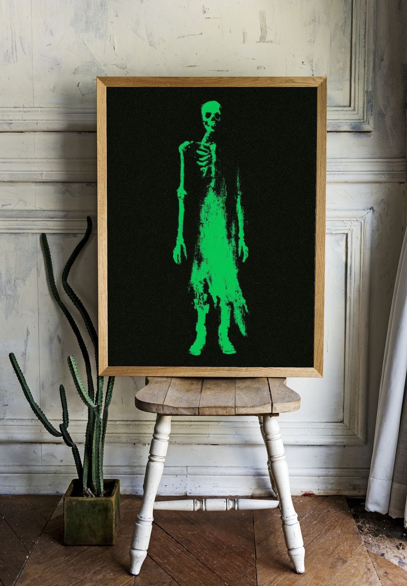 Neon Skeleton Figure Horror Print. room preview