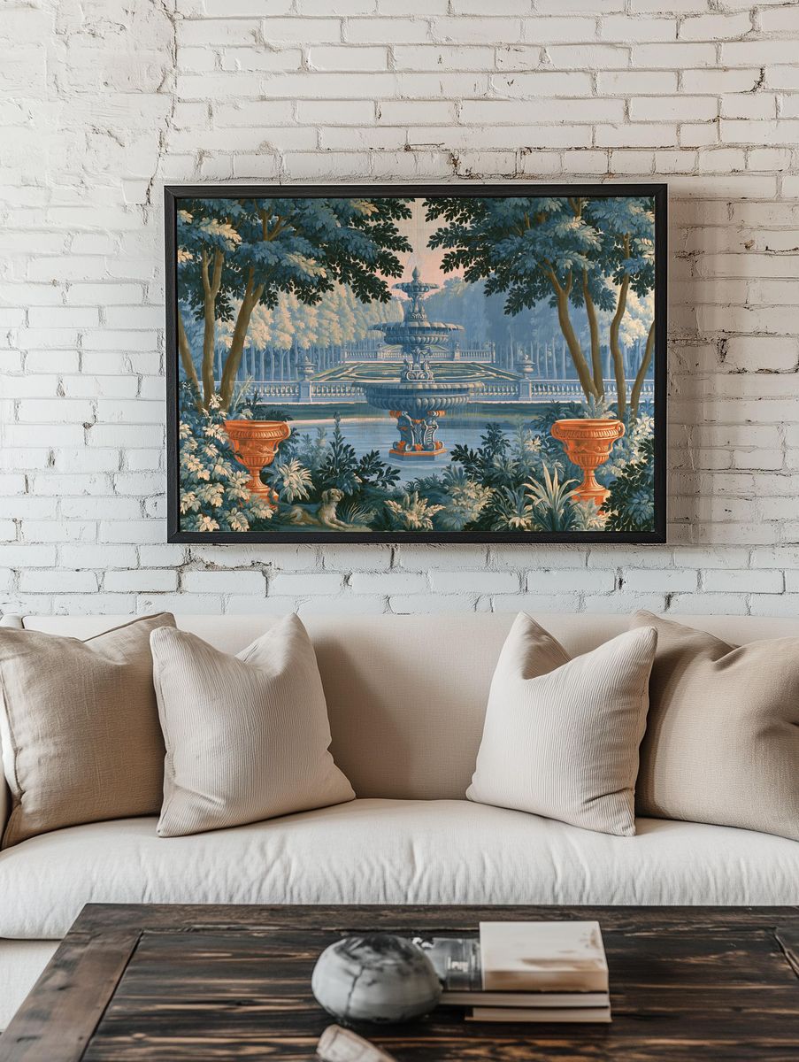 Formal Garden Fountain Print. room preview