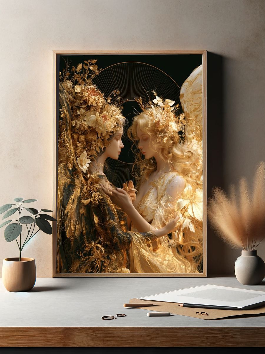 Golden Floral Duet Fine-Art Print. — room view 2