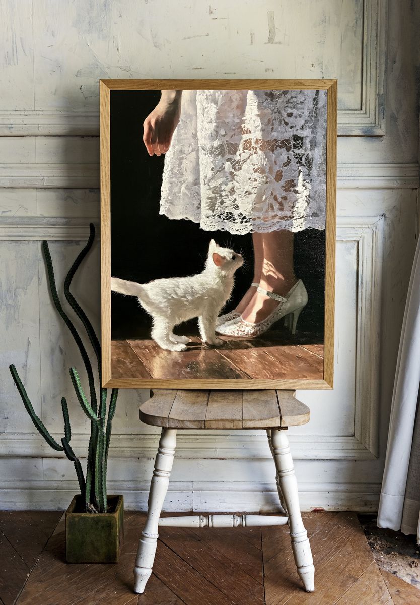 White Cat and Lace Dress Print. room preview