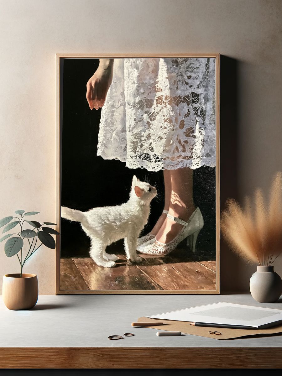 White Cat and Lace Dress Print. — room view 2