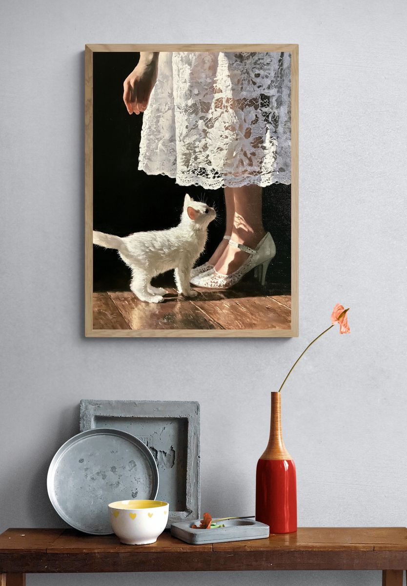 White Cat and Lace Dress Print. — room view 3
