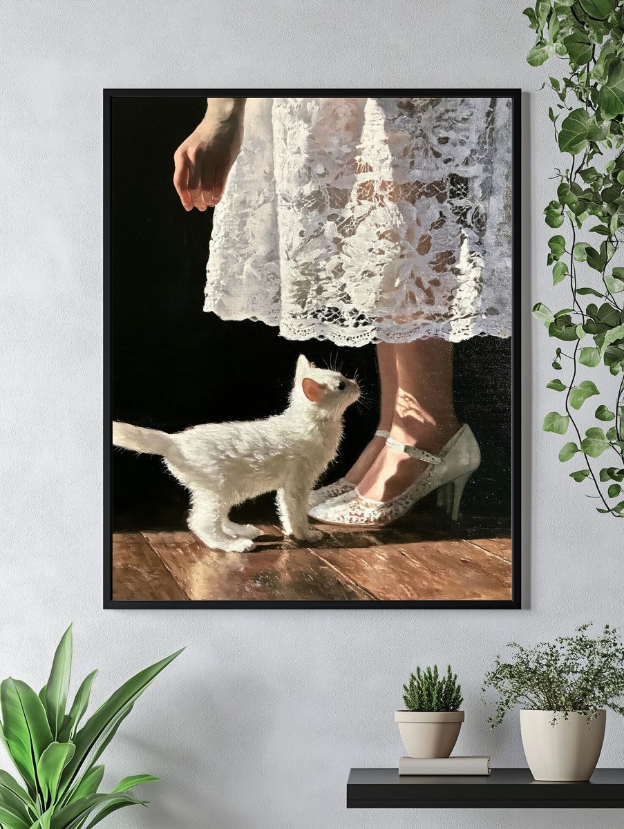 White Cat and Lace Dress Print. — room view 4