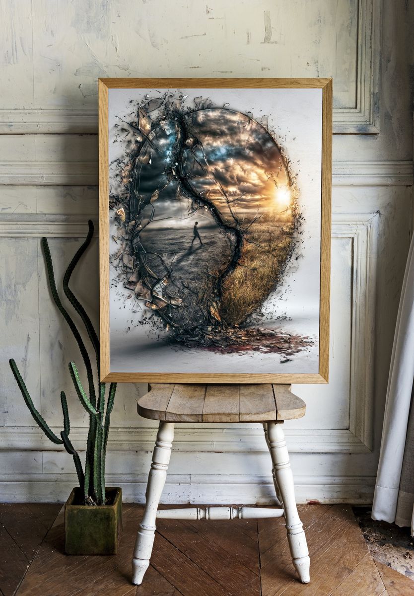 Surreal Broken Mirror Landscape Print. room preview